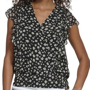 Karl Lagerfeld Floral Blouse Ruffle Sleeve V-Neck Black White Size M